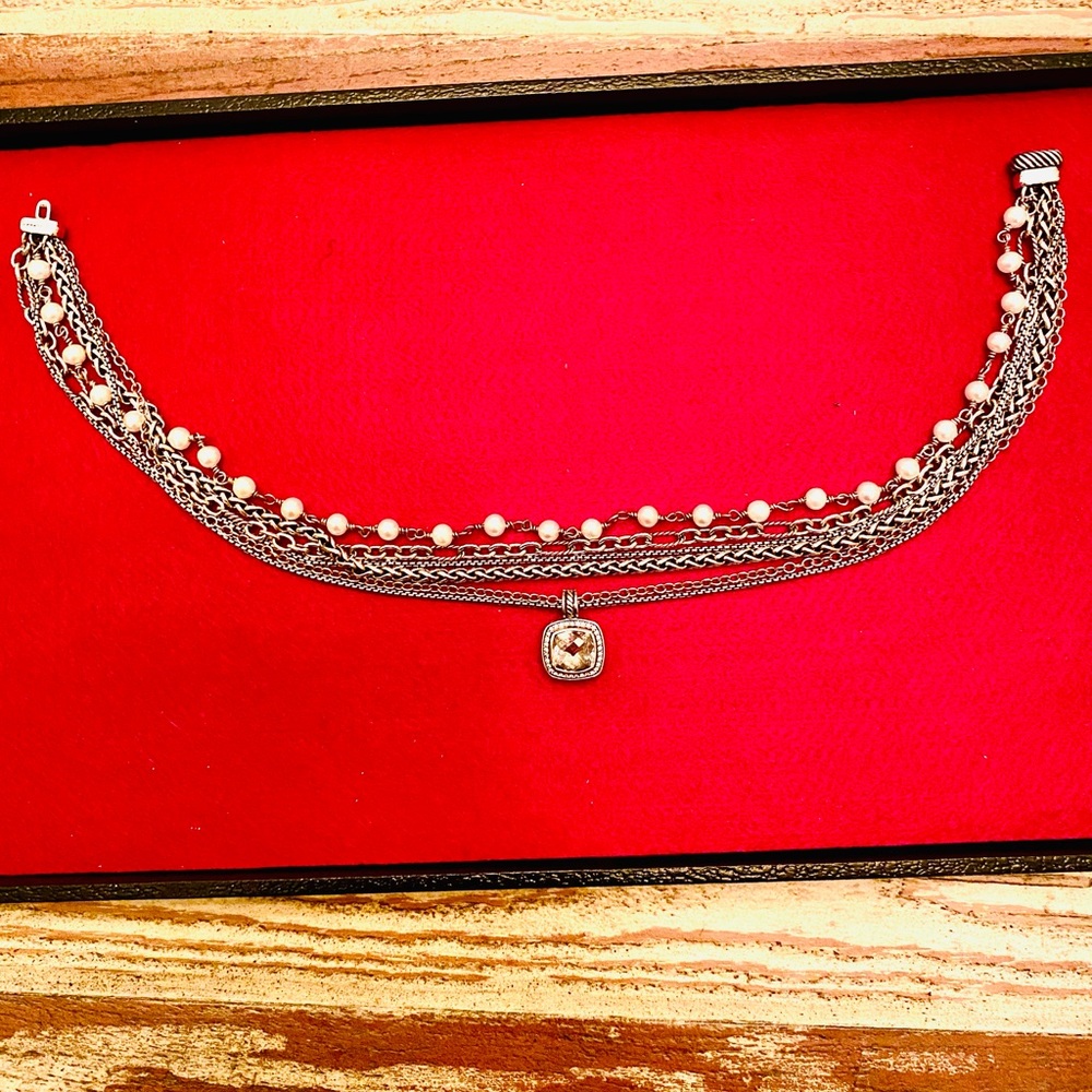 Elegant Davis Yurman Multi-Layered Silver Necklace with pearls